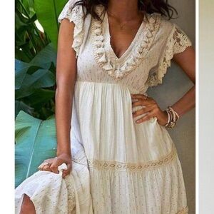 Z&L Europe Boho Tiered Cotton Maxi Dress Ivory/Gold With Tassel Ruffle and Lace